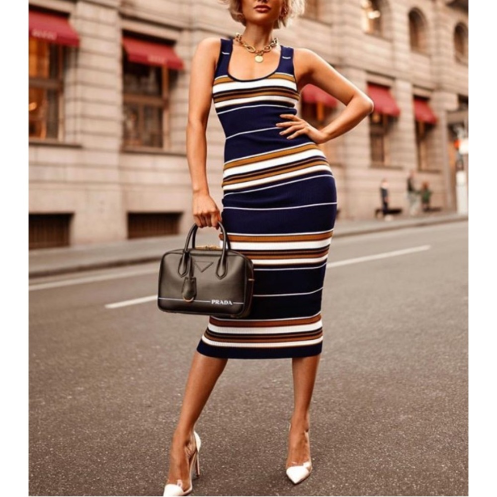 Navy Dijon White Striped Ribbed Midi Dress